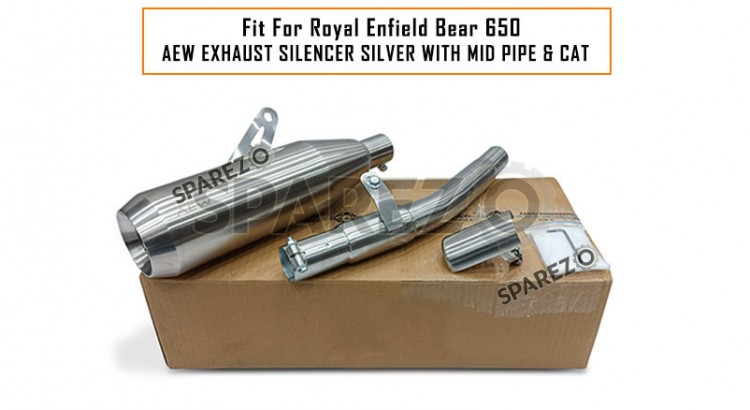 Fit For Royal Enfield Bear 650 AEW Exhaust Silencer Silver With Mid Pipe and Cat - SPAREZO